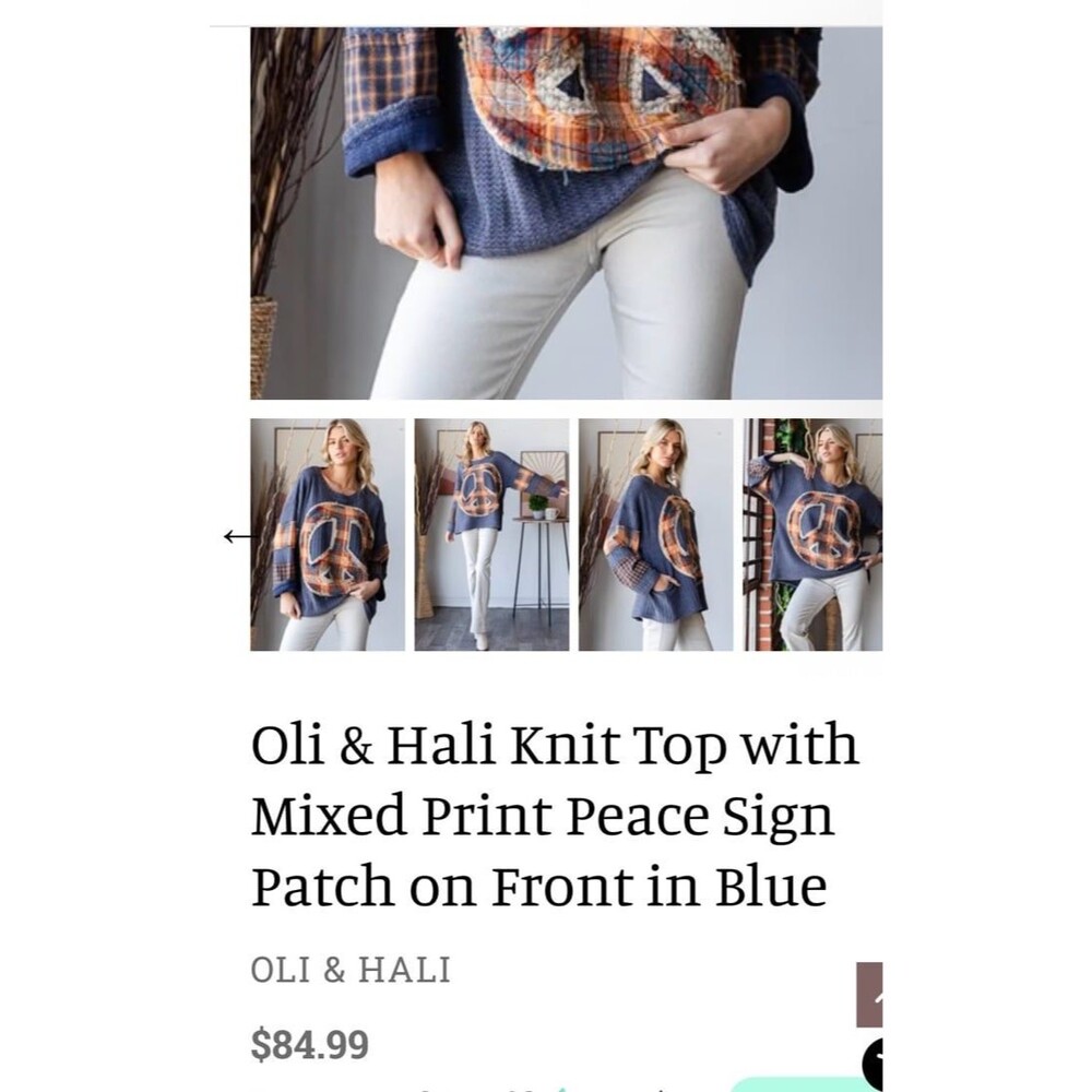 Oli & Hali top Peace sign oversized Sweater OLI HALI pockets plaid NWOT blue new - Picture 4 of 12